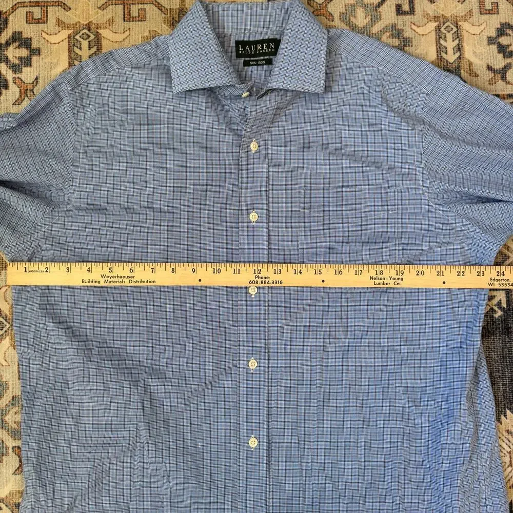 Lauren Ralph Lauren Mens Blue Checkered Button Down Long Sleeve 100% Cotton 16.5 - Picture 7 of 9
